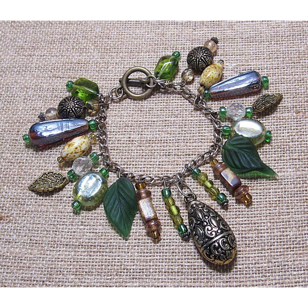Handmade Nature-Themed Charm Bracelet – Green Glass Leaves, Brass Accents - Picture 3 of 5
